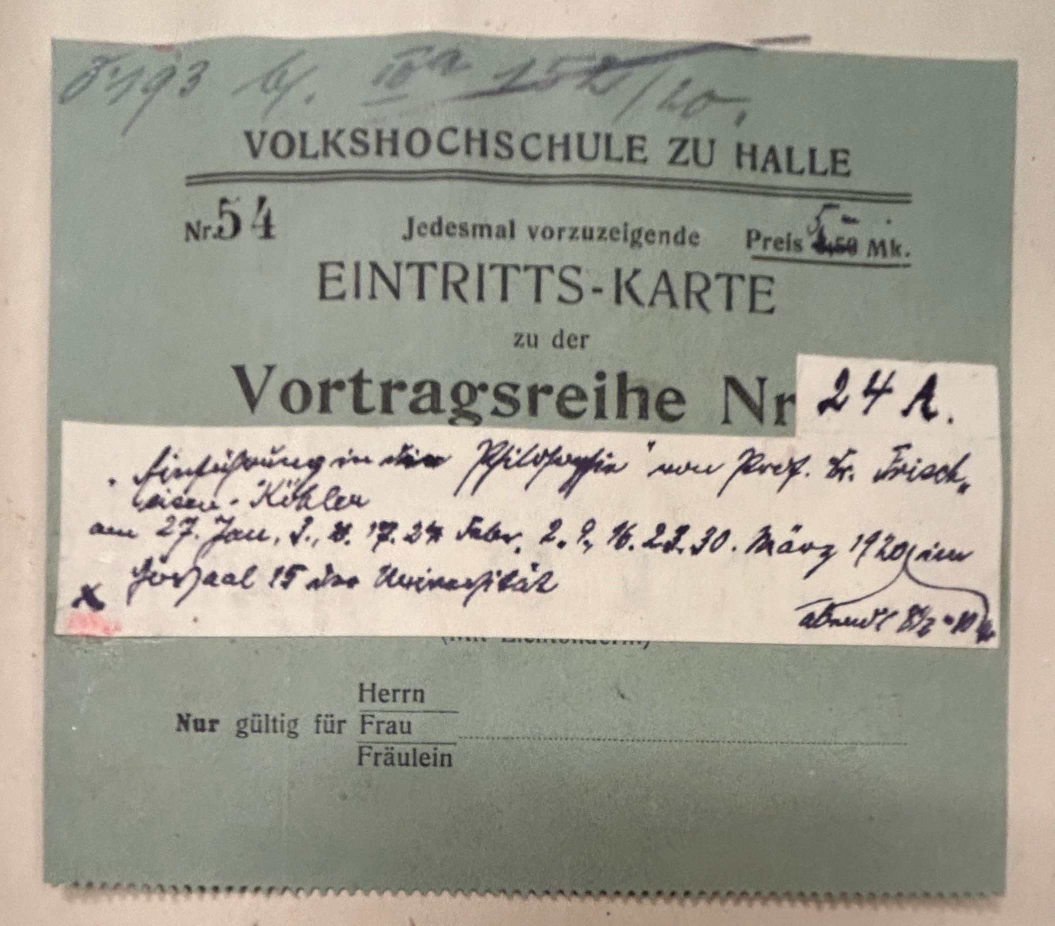 Eintritts-Karte zu einer Vortragsreihe der Volkshochschule Halle